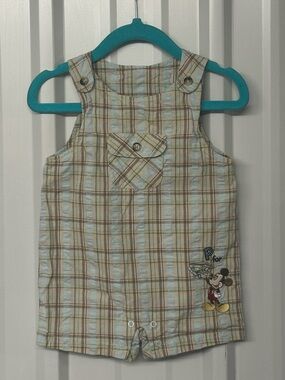 Infant Mickey Mouse Plaid Airplane Shortalls Disney Baby Y2K Retro Romper